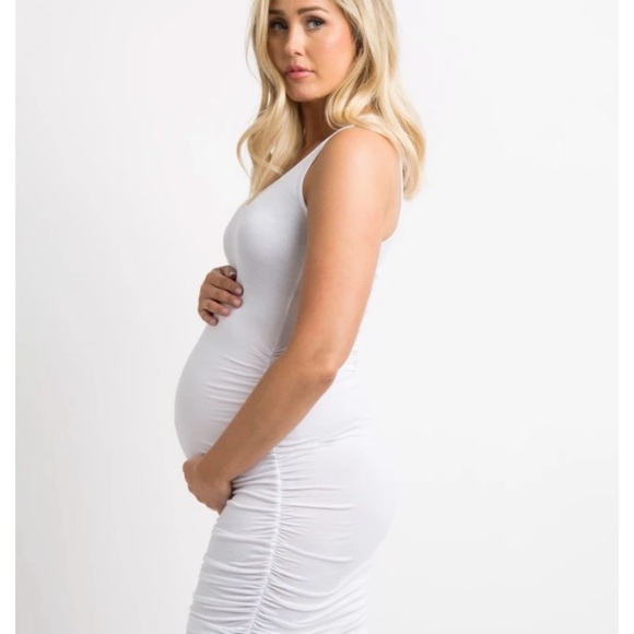 White Ruched Fitted Maternity Bodycon Midi Dress - Picture 3 of 9